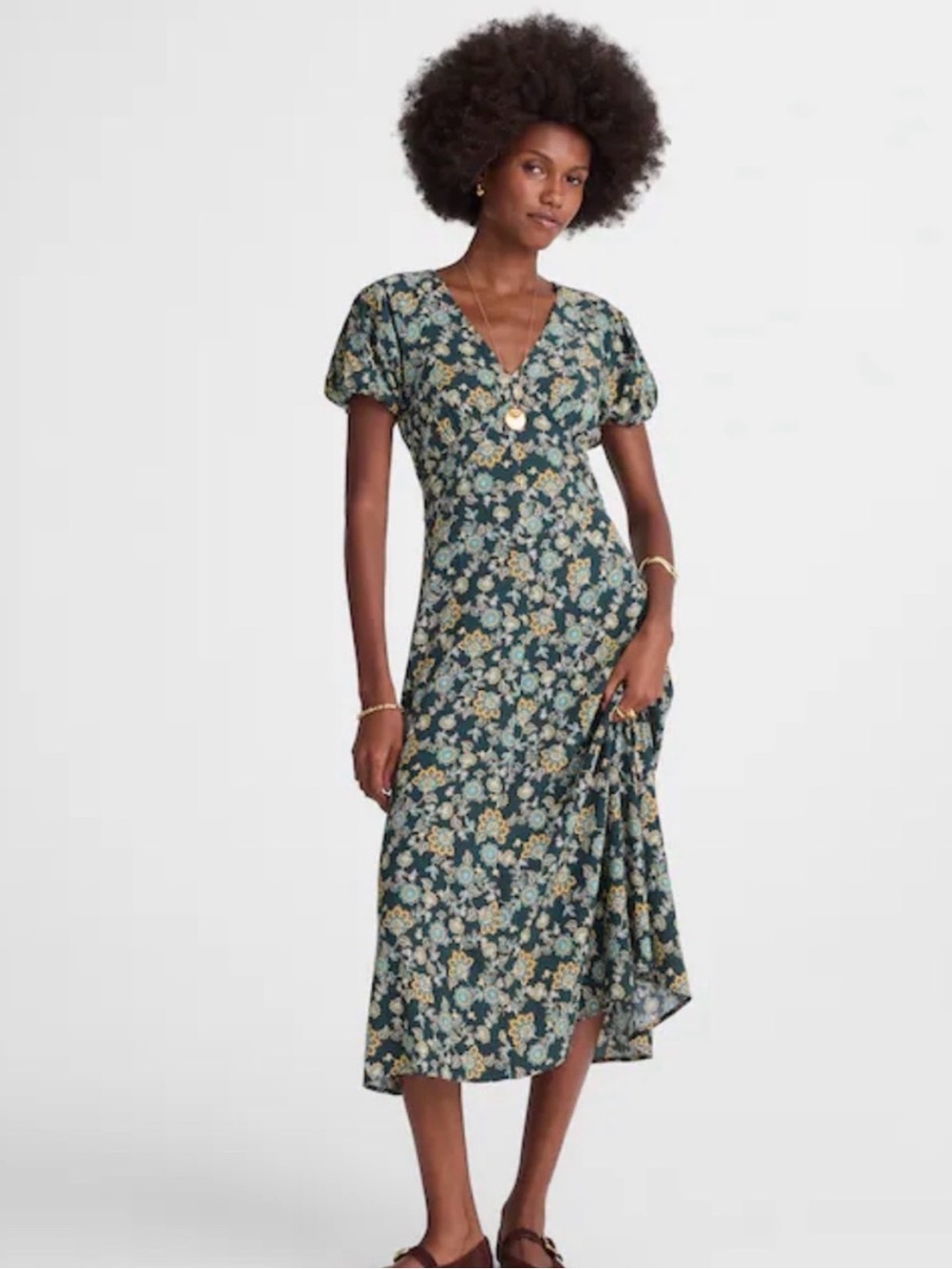 Madewell Seamed Puff-Sleeve Midi Dress in Green Floral Sz 8